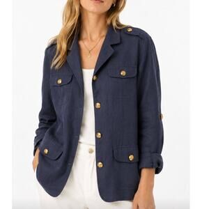 Coldwater Creek Women's Linen Jacket Navy Blue Roll Tab Sleeves Spring Layering